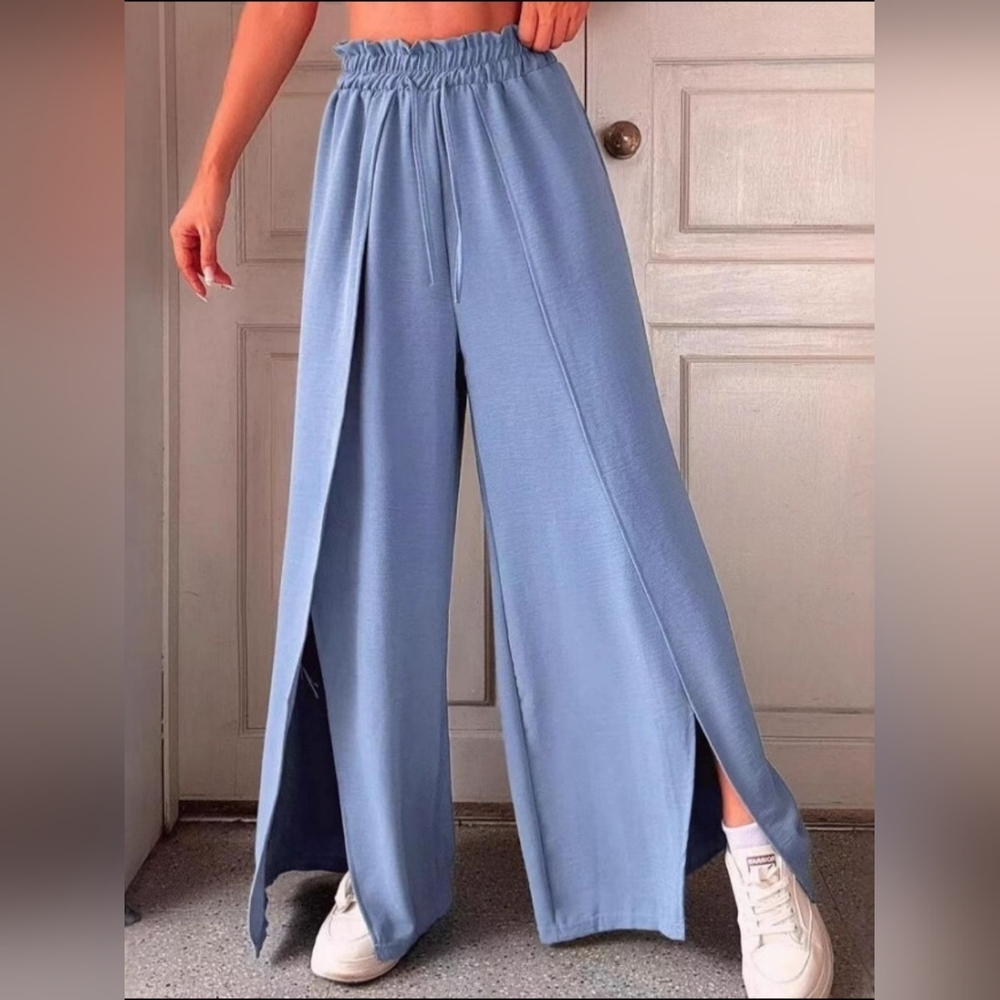 Women's Elegant Full Size Slit Blue Wide-Leg Pants